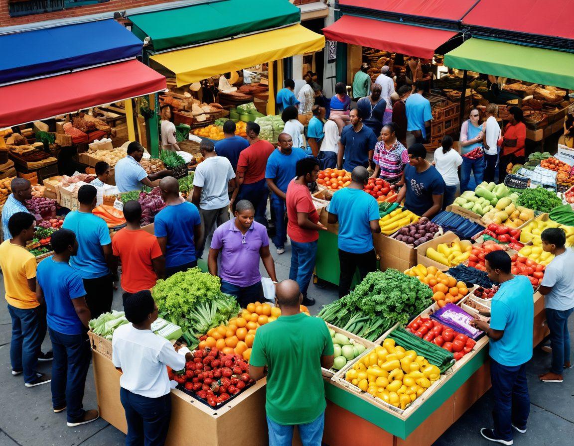 A bustling marketplace scene with diverse wholesalers negotiating over colorful merchandise. Include various goods like clothing, electronics, and fresh produce displayed vibrantly. Show diverse people discussing strategies and exchanging business cards, symbolizing connections and teamwork. Bright, inviting atmosphere to convey affordability and accessibility. super-realistic. vibrant colors. 3D.