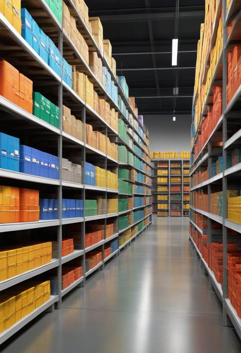 A modern warehouse setting featuring organized rows of colorful inventory shelves, with advanced technology displays showing stock levels and analytics charts on screens. Include workers efficiently scanning items and using hand-held devices, with a clear visual emphasis on streamlining processes and maximizing profits. Bright and inviting atmosphere, showcasing a successful stock management system. super-realistic. vibrant colors. 3D.